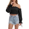 image:imageLYANER Womens Corset Off Shoulder Puff Long Sleeve Ruffle Tie Front Crop Top Blouse ShirtSolid Black