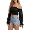 image:imageLYANER Womens Corset Off Shoulder Puff Long Sleeve Ruffle Tie Front Crop Top Blouse ShirtSolid Black