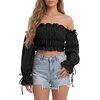 image:imageLYANER Womens Corset Off Shoulder Puff Long Sleeve Ruffle Tie Front Crop Top Blouse ShirtSolid Black