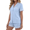 image:imageLYANER Womens Cotton Pajamas Set Button Short Sleeve Shirt with Shorts Set PJs LoungewearBlue