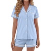 image:imageLYANER Womens Cotton Pajamas Set Button Short Sleeve Shirt with Shorts Set PJs LoungewearBlue