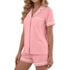 image:imageLYANER Womens Cotton Pajamas Set Button Short Sleeve Shirt with Shorts Set PJs LoungewearDusty Pink