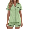 image:imageLYANER Womens Cotton Pajamas Set Button Short Sleeve Shirt with Shorts Set PJs LoungewearGreen