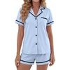 image:imageLYANER Womens Cotton Pajamas Set Button Short Sleeve Shirt with Shorts Set PJs LoungewearLight Blue