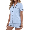 image:imageLYANER Womens Cotton Pajamas Set Button Short Sleeve Shirt with Shorts Set PJs LoungewearLight Blue