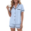 image:imageLYANER Womens Cotton Pajamas Set Button Short Sleeve Shirt with Shorts Set PJs LoungewearLight Blue