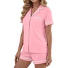 image:imageLYANER Womens Cotton Pajamas Set Button Short Sleeve Shirt with Shorts Set PJs LoungewearPink