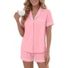 image:imageLYANER Womens Cotton Pajamas Set Button Short Sleeve Shirt with Shorts Set PJs LoungewearPink