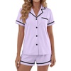 image:imageLYANER Womens Cotton Pajamas Set Button Short Sleeve Shirt with Shorts Set PJs LoungewearPurple