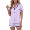 image:imageLYANER Womens Cotton Pajamas Set Button Short Sleeve Shirt with Shorts Set PJs LoungewearPurple