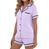 image:imageLYANER Womens Cotton Pajamas Set Button Short Sleeve Shirt with Shorts Set PJs LoungewearPurple