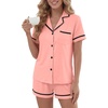 image:imageLYANER Womens Cotton Pajamas Set Button Short Sleeve Shirt with Shorts Set PJs LoungewearSolid Pink