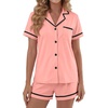 image:imageLYANER Womens Cotton Pajamas Set Button Short Sleeve Shirt with Shorts Set PJs LoungewearSolid Pink