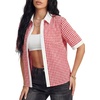 image:imageLYANER Womens Cotton Plaid Print Collared Button Down Short Sleeve Y2k Preppy Blouse TopsWine Red