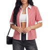 image:imageLYANER Womens Cotton Plaid Print Collared Button Down Short Sleeve Y2k Preppy Blouse TopsWine Red