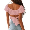 image:imageLYANER Womens Cute Ruffle Puff Short Sleeve Tie Back Crop Top Off The Shoulder Cropped BlouseBaby Pink