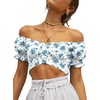 image:imageLYANER Womens Cute Ruffle Puff Short Sleeve Tie Back Crop Top Off The Shoulder Cropped BlouseBlue Rose