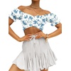 image:imageLYANER Womens Cute Ruffle Puff Short Sleeve Tie Back Crop Top Off The Shoulder Cropped BlouseBlue Rose