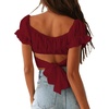 image:imageLYANER Womens Cute Ruffle Puff Short Sleeve Tie Back Crop Top Off The Shoulder Cropped BlouseBurgundy