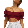 image:imageLYANER Womens Cute Ruffle Puff Short Sleeve Tie Back Crop Top Off The Shoulder Cropped BlouseBurgundy