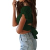 image:imageLYANER Womens Cute Ruffle Puff Short Sleeve Tie Back Crop Top Off The Shoulder Cropped BlouseDark Green
