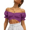 image:imageLYANER Womens Cute Ruffle Puff Short Sleeve Tie Back Crop Top Off The Shoulder Cropped BlouseDusty Purple