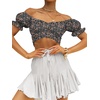 image:imageLYANER Womens Cute Ruffle Puff Short Sleeve Tie Back Crop Top Off The Shoulder Cropped BlouseFloral Black