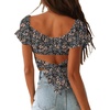 image:imageLYANER Womens Cute Ruffle Puff Short Sleeve Tie Back Crop Top Off The Shoulder Cropped BlouseFloral Black