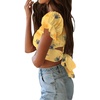 image:imageLYANER Womens Cute Ruffle Puff Short Sleeve Tie Back Crop Top Off The Shoulder Cropped BlouseFloral Yellow
