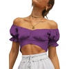 image:imageLYANER Womens Cute Ruffle Puff Short Sleeve Tie Back Crop Top Off The Shoulder Cropped BlouseGrape Purple