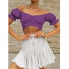 image:imageLYANER Womens Cute Ruffle Puff Short Sleeve Tie Back Crop Top Off The Shoulder Cropped BlouseGrape Purple