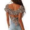 image:imageLYANER Womens Cute Ruffle Puff Short Sleeve Tie Back Crop Top Off The Shoulder Cropped BlouseLeopard Beige