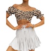 image:imageLYANER Womens Cute Ruffle Puff Short Sleeve Tie Back Crop Top Off The Shoulder Cropped BlouseLeopard Beige