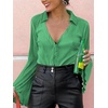 image:imageLYANER Womens Deep V Neck Button Front Bell Long Sleeve Blouse Shirt TopGrass Green