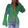 image:imageLYANER Womens Deep V Neck Button Front Bell Long Sleeve Blouse Shirt TopGrass Green