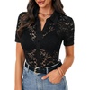 image:imageLYANER Womens Lace Tops Button Up Sexy Short Sleeve Shirt Dressy Casual Sheer Top Collared BlouseBlack