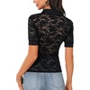 image:imageLYANER Womens Lace Tops Button Up Sexy Short Sleeve Shirt Dressy Casual Sheer Top Collared BlouseBlack