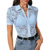 image:imageLYANER Womens Lace Tops Button Up Sexy Short Sleeve Shirt Dressy Casual Sheer Top Collared BlouseBlue