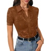 image:imageLYANER Womens Lace Tops Button Up Sexy Short Sleeve Shirt Dressy Casual Sheer Top Collared BlouseCaramel