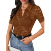 image:imageLYANER Womens Lace Tops Button Up Sexy Short Sleeve Shirt Dressy Casual Sheer Top Collared BlouseCaramel