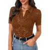 image:imageLYANER Womens Lace Tops Button Up Sexy Short Sleeve Shirt Dressy Casual Sheer Top Collared BlouseCaramel