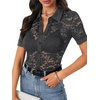 image:imageLYANER Womens Lace Tops Button Up Sexy Short Sleeve Shirt Dressy Casual Sheer Top Collared BlouseDeep Grey