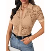 image:imageLYANER Womens Lace Tops Button Up Sexy Short Sleeve Shirt Dressy Casual Sheer Top Collared BlouseKhaki
