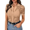 image:imageLYANER Womens Lace Tops Button Up Sexy Short Sleeve Shirt Dressy Casual Sheer Top Collared BlouseKhaki