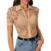 image:imageLYANER Womens Lace Tops Button Up Sexy Short Sleeve Shirt Dressy Casual Sheer Top Collared BlouseKhaki