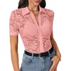 image:imageLYANER Womens Lace Tops Button Up Sexy Short Sleeve Shirt Dressy Casual Sheer Top Collared BlouseLight Pink