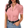 image:imageLYANER Womens Lace Tops Button Up Sexy Short Sleeve Shirt Dressy Casual Sheer Top Collared BlouseLight Pink