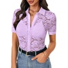 image:imageLYANER Womens Lace Tops Button Up Sexy Short Sleeve Shirt Dressy Casual Sheer Top Collared BlouseLight Purple
