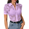 image:imageLYANER Womens Lace Tops Button Up Sexy Short Sleeve Shirt Dressy Casual Sheer Top Collared BlouseLight Purple