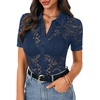 image:imageLYANER Womens Lace Tops Button Up Sexy Short Sleeve Shirt Dressy Casual Sheer Top Collared BlouseNavy